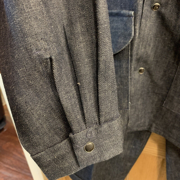 Vintage 70s Blue Denim Pearl Snap 2 PC Suit Set Sz L 1970s Jacket Pants Outfit - Picture 5 of 14